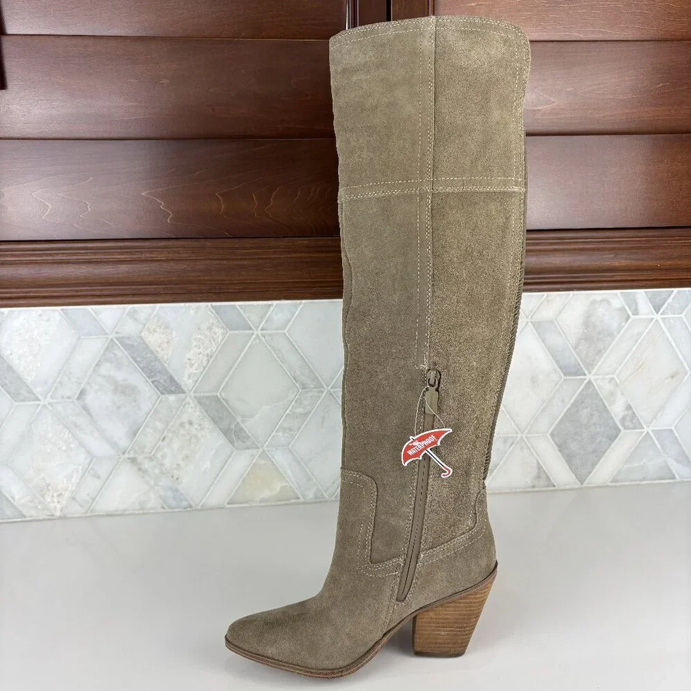 6M Taupe Knee High Boot Cuban Block Heel Pointed Toe Suede Waterproof Windie